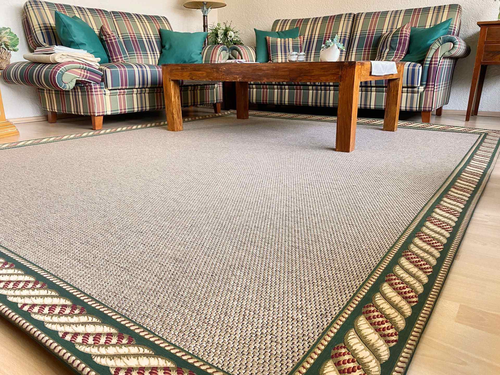 Photo of an easy to clean synthetic rug with an intricately woven jacquard-woven border with a rope pattern.