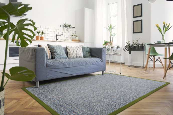 A photo of a blue couch and blue outdoor rug with a green border in front of it.