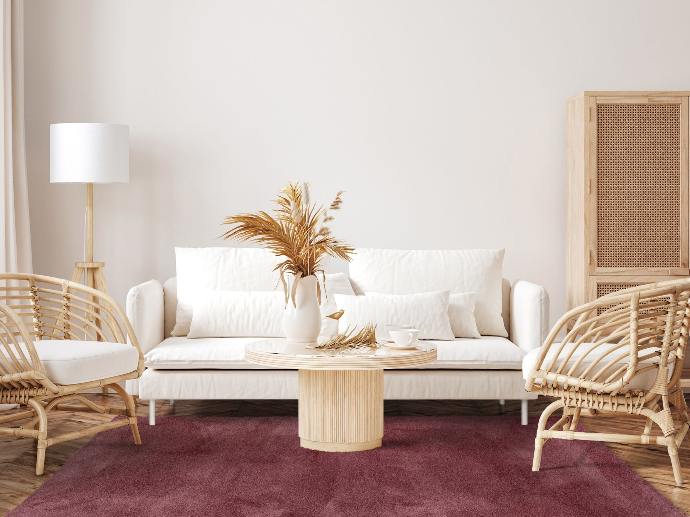 Photo of a red Seestoff rug in a living room.