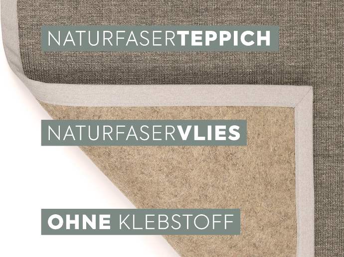 Photo of a flipped over Purstoff rug with fleece backing with the following labels: "Natural fiber carpet, natural fiber fleece, without glue".