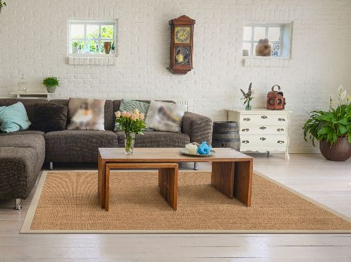 Photo of a living room with a Mio nuss sisal rug under the couch table.